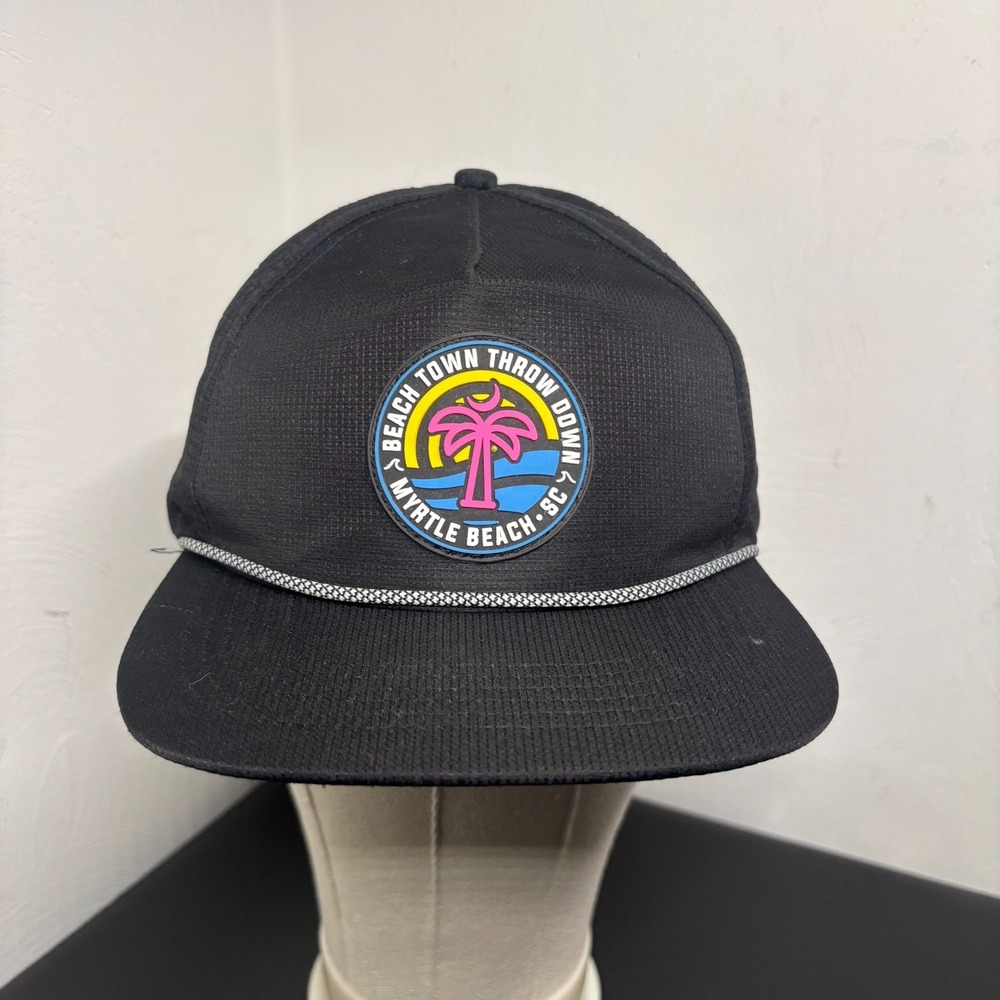 Beach Town Throw Down Black Rope Hat Myrtle Beach SC Snapback Cap Mesh Back OSFM